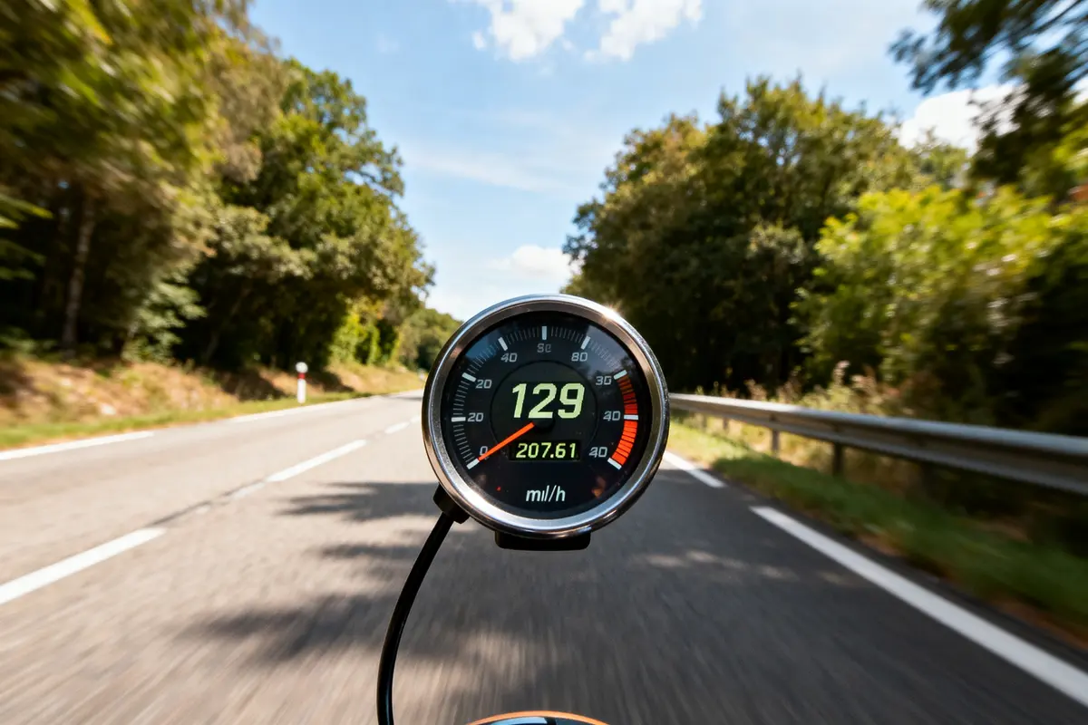 Compteur de vitesse affichant 129 miles en km/h sur une route bordée d'arbres