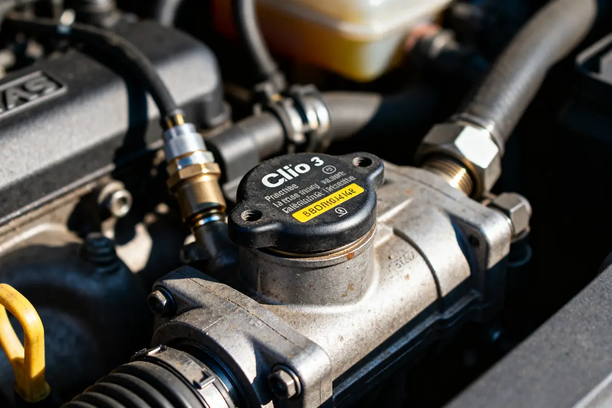 Gros plan sur un injecteur Clio 3 dans un moteur de voiture Renault en fonctionnement