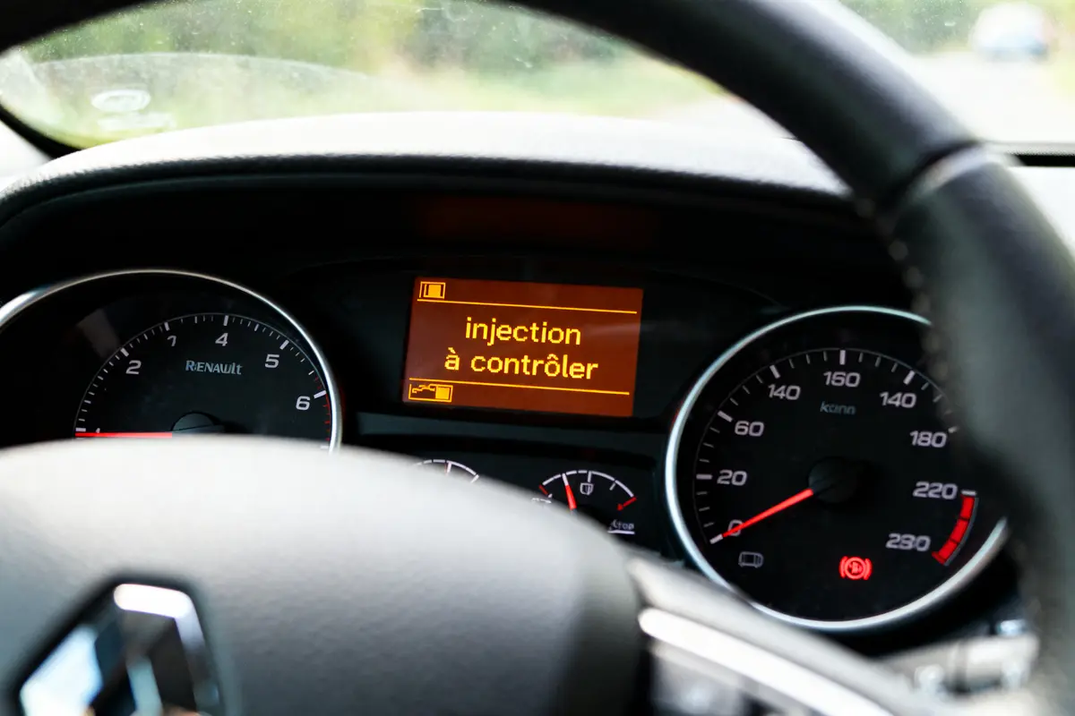 Tableau de bord Scénic affichant avertissement "injection à contrôler" sur écran numérique
