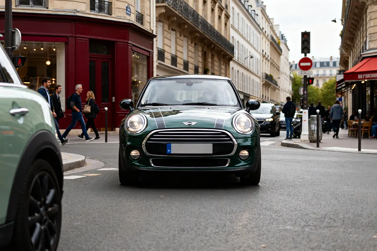 Mini Cooper verte en centre-ville, exemple de modèle de Mini Cooper à éviter