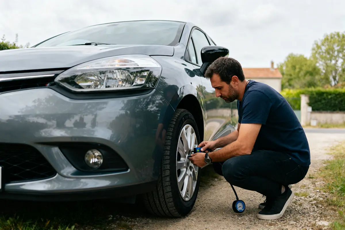 Homme vérifiant pression de pneu pour Clio 4 avec un manomètre portable