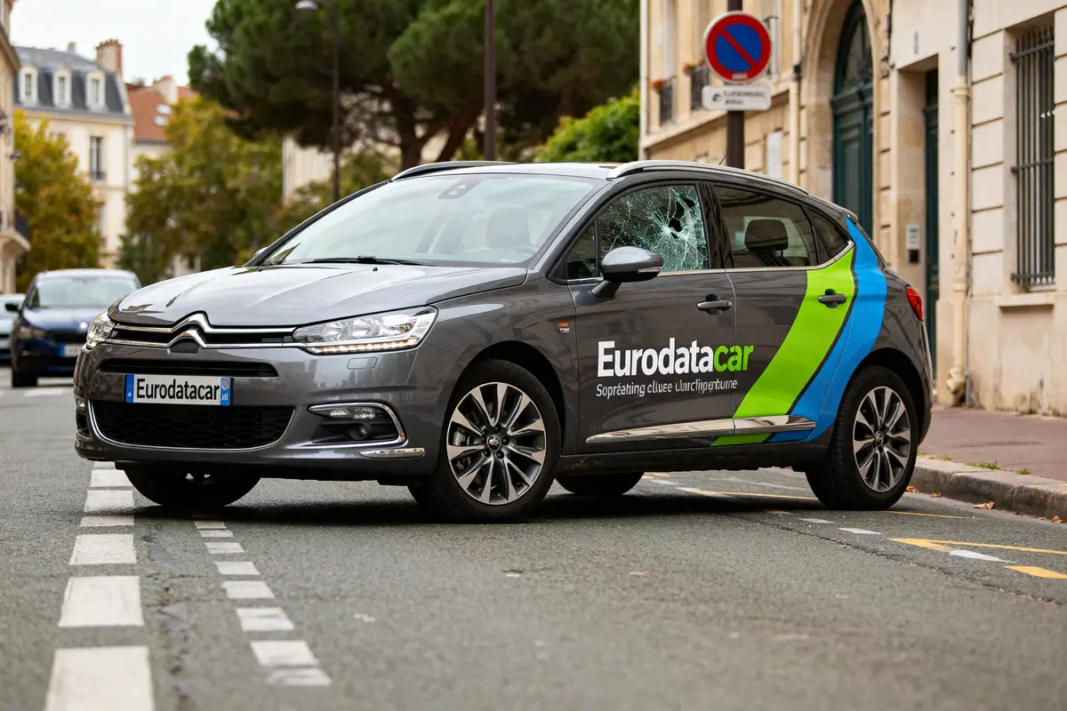 Voiture Citroën avec logo synergie Eurodatacar garée sur une rue urbaine