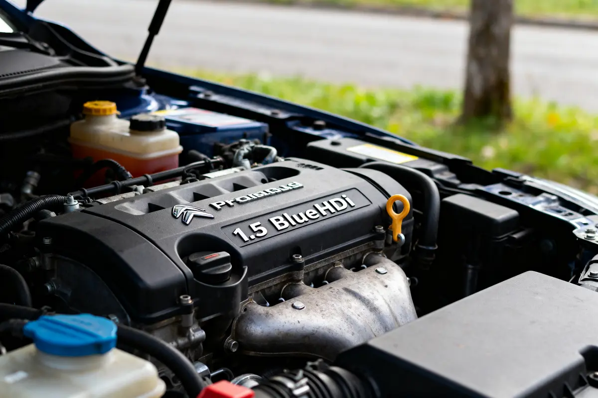 Moteur Citroën 1.5 BlueHDi dans le compartiment moteur, visible de près en extérieur.