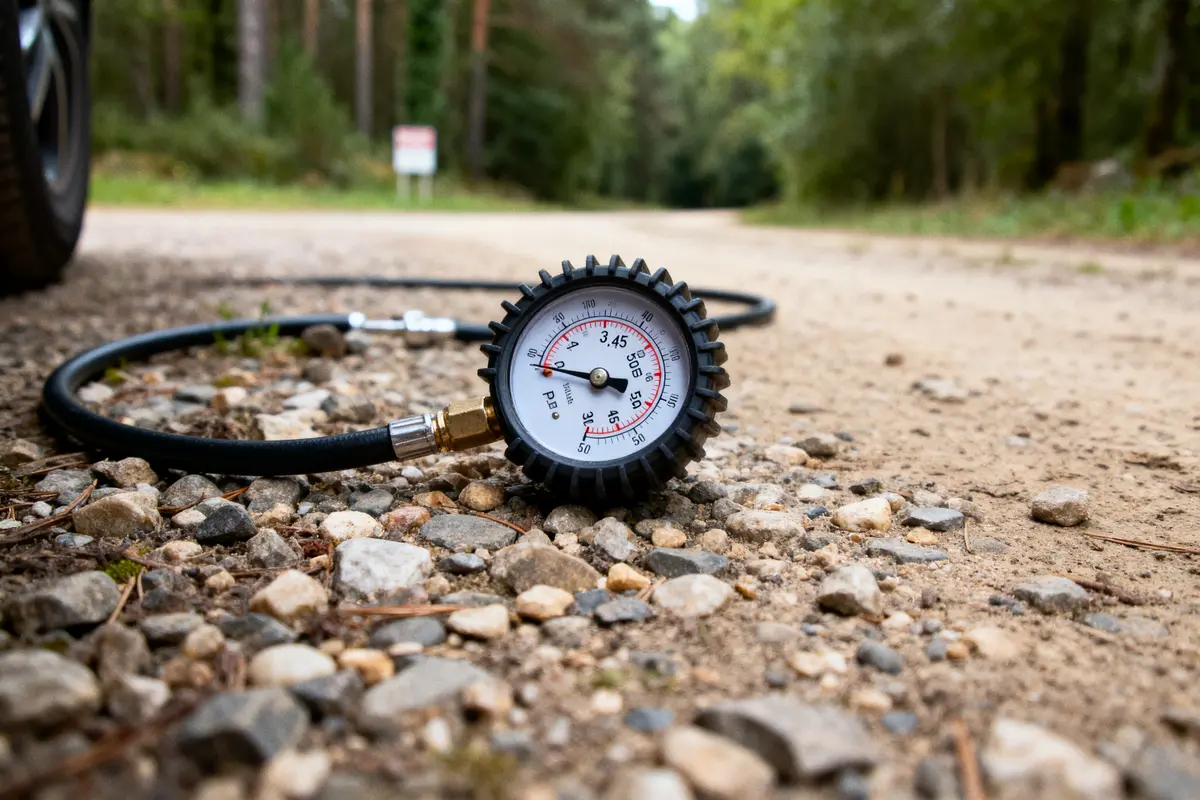 Manomètre avec tuyau sur chemin de gravier en forêt, voiture à proximité.