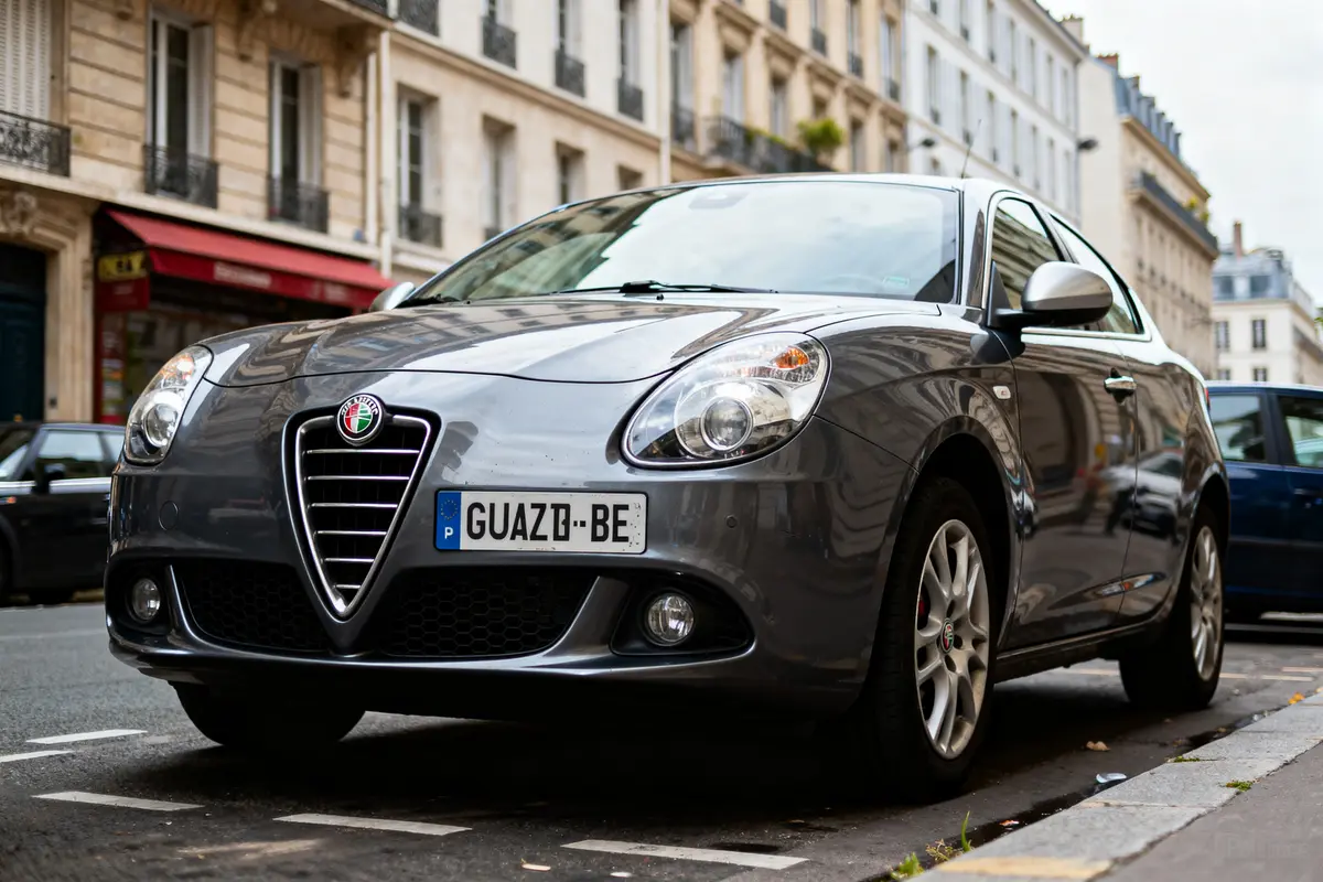 Voiture grise Alfa Romeo Giulietta, plaque d'immatriculation européenne, stationnée rue en ville européenne.