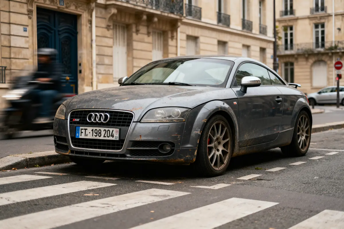 Voiture Audi grise sale stationnée sur route urbaine, avec immeubles en arrière-plan et passant à moto flou.