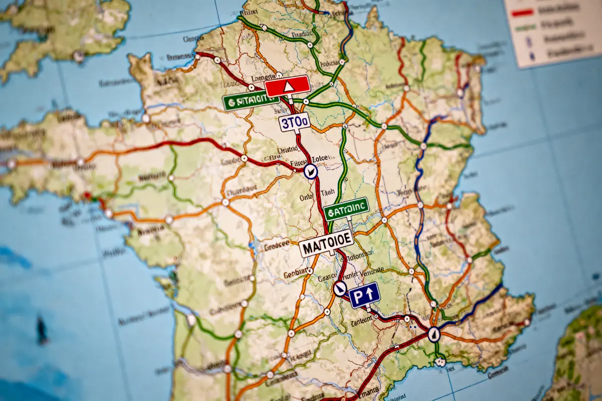 Carte de la France avec itinéraires en rouge, vert et bleu, villes marquées et indications routières visibles.