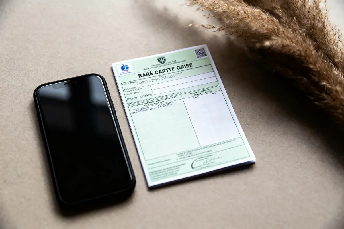 Smartphone noir et carte grise sur table beige avec herbes séchées.