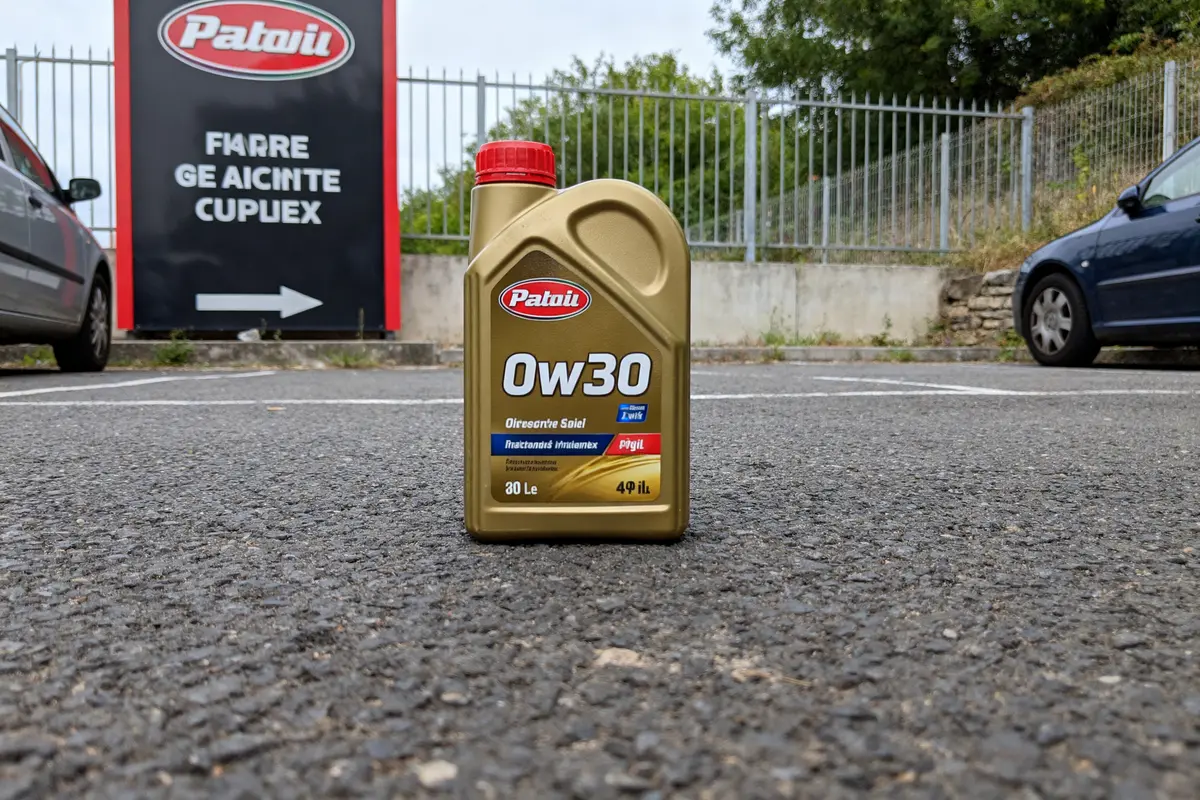 Bidon d'huile moteur Patoll Ow30 sur un parking, panneau publicitaire flou en arrière-plan.