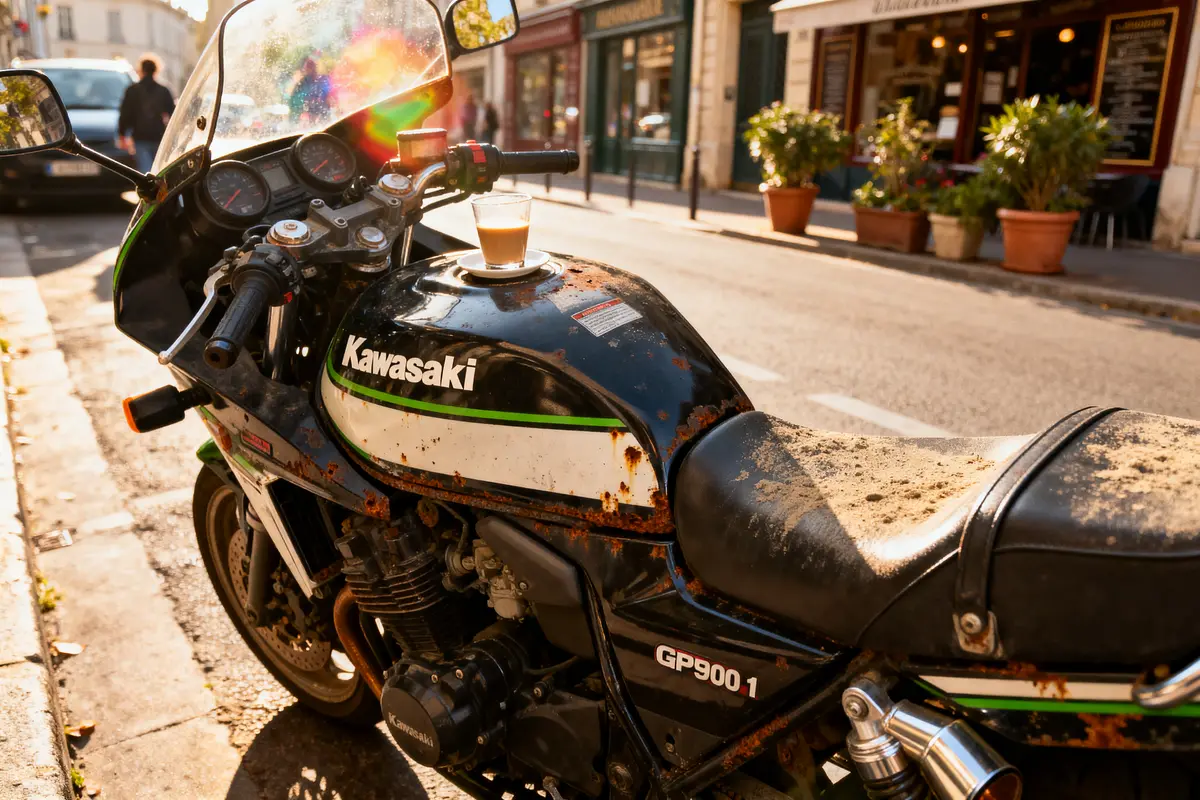 Moto Kawasaki GP9001 rouillée avec un café sur le réservoir, rue ensoleillée à proximité d'un café.
