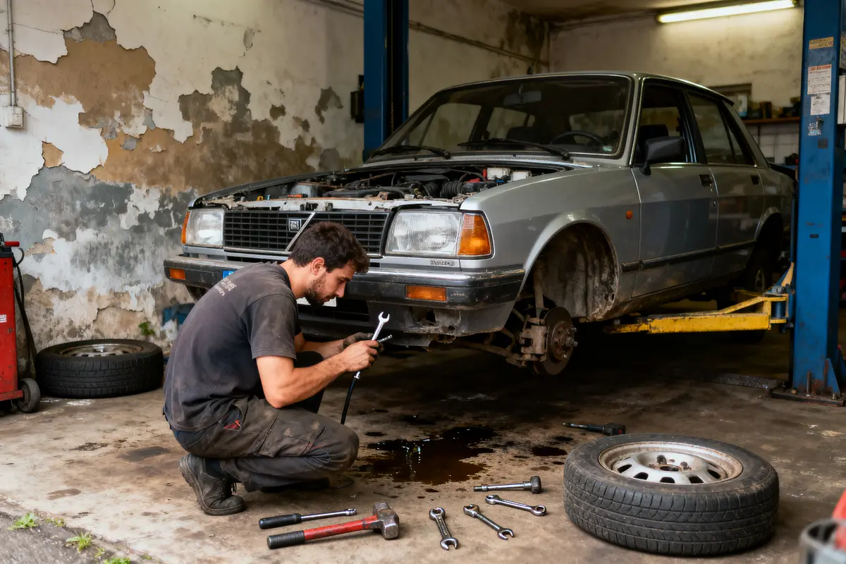 Un mécanicien répare une voiture grise au garage, outils et pneu autour, mur décrépi en arrière-plan.