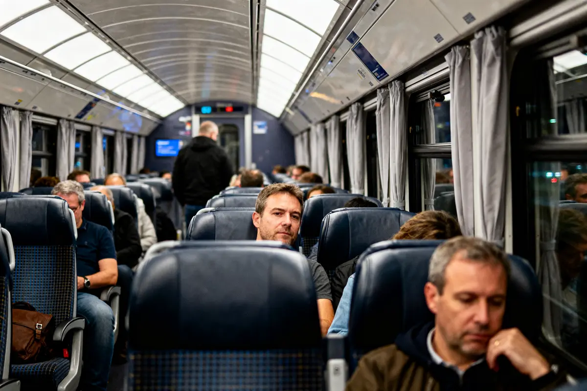 Des passagers assis dans un train, certains lisent, d'autres regardent autour, ambiance calme et moderne.