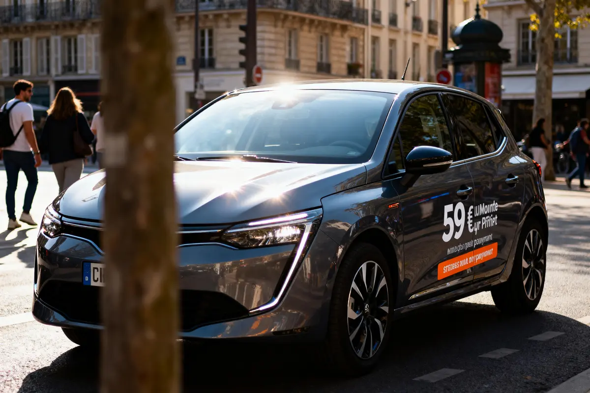 Voiture grise avec publicité, rue parisienne, arbre au premier plan, passants en arrière-plan, lumière ensoleillée.