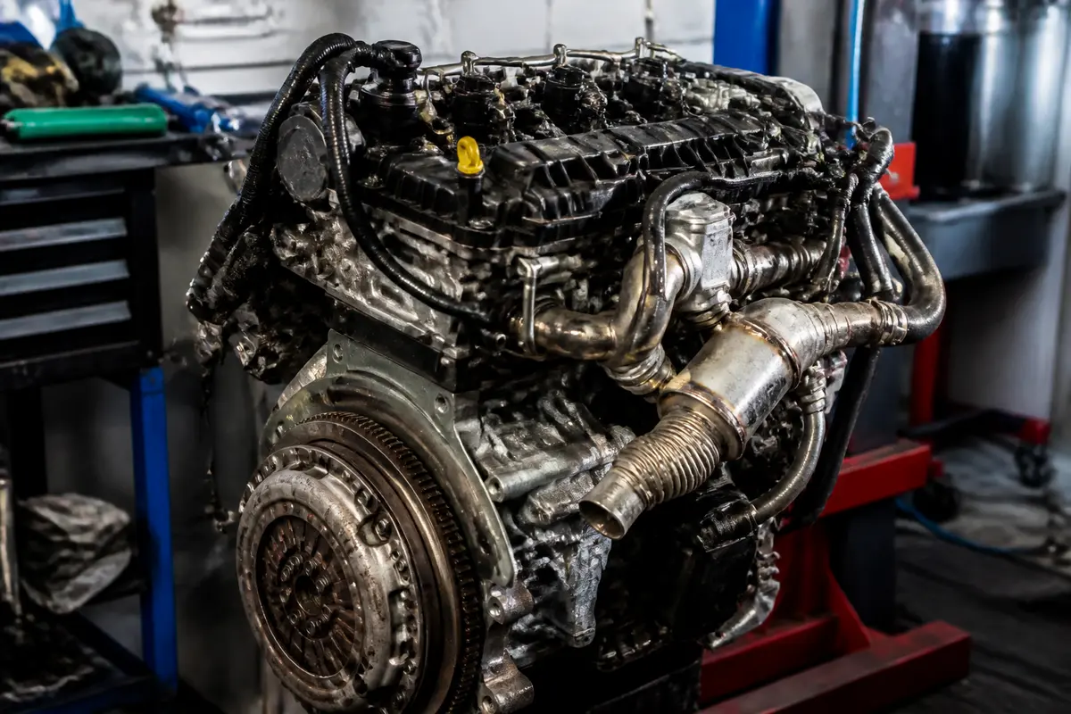 Moteur automobile complexe posé sur un support dans un garage, entouré d'équipements mécaniques.