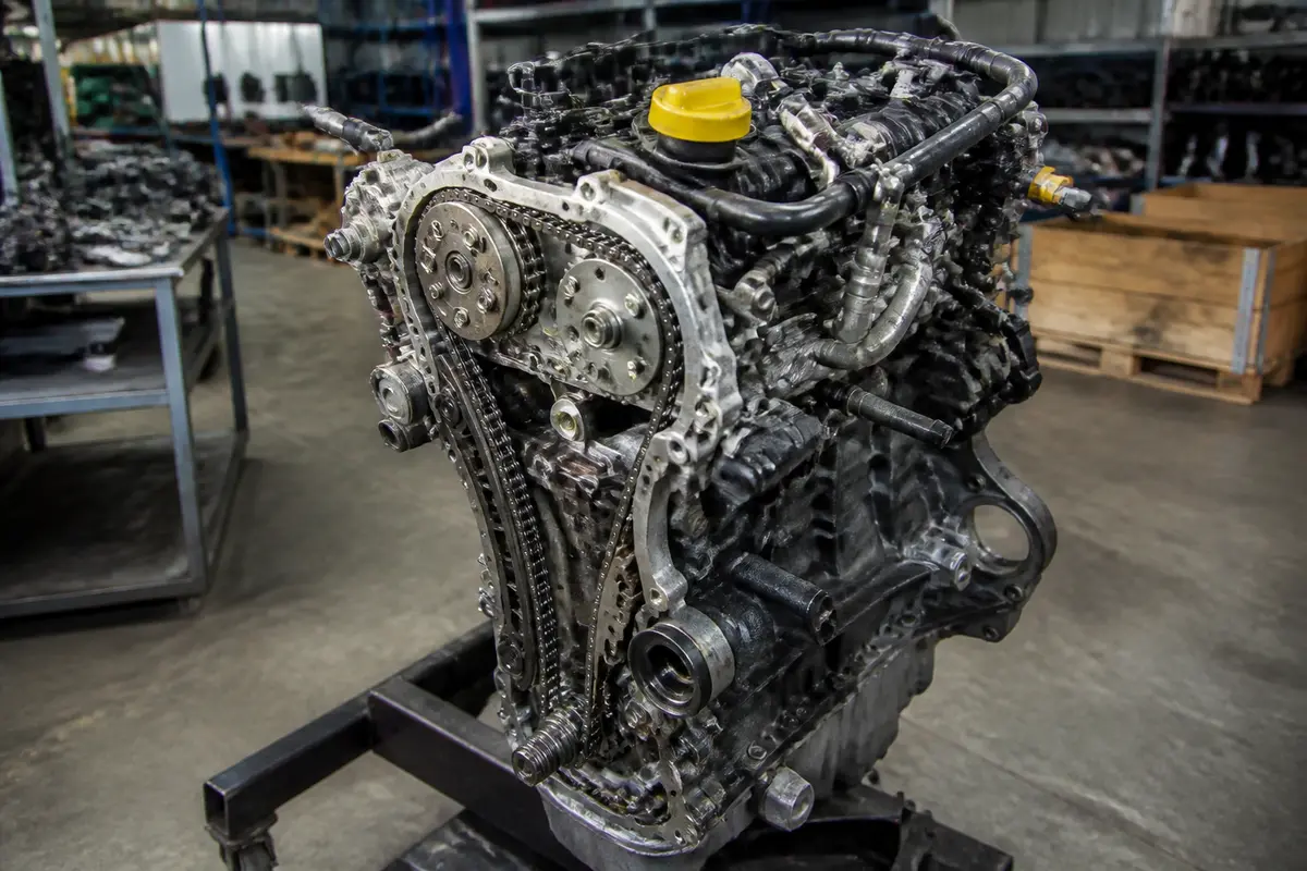 Moteur 1.0 TCe 90 sur support dans un atelier de mécanique automobile.