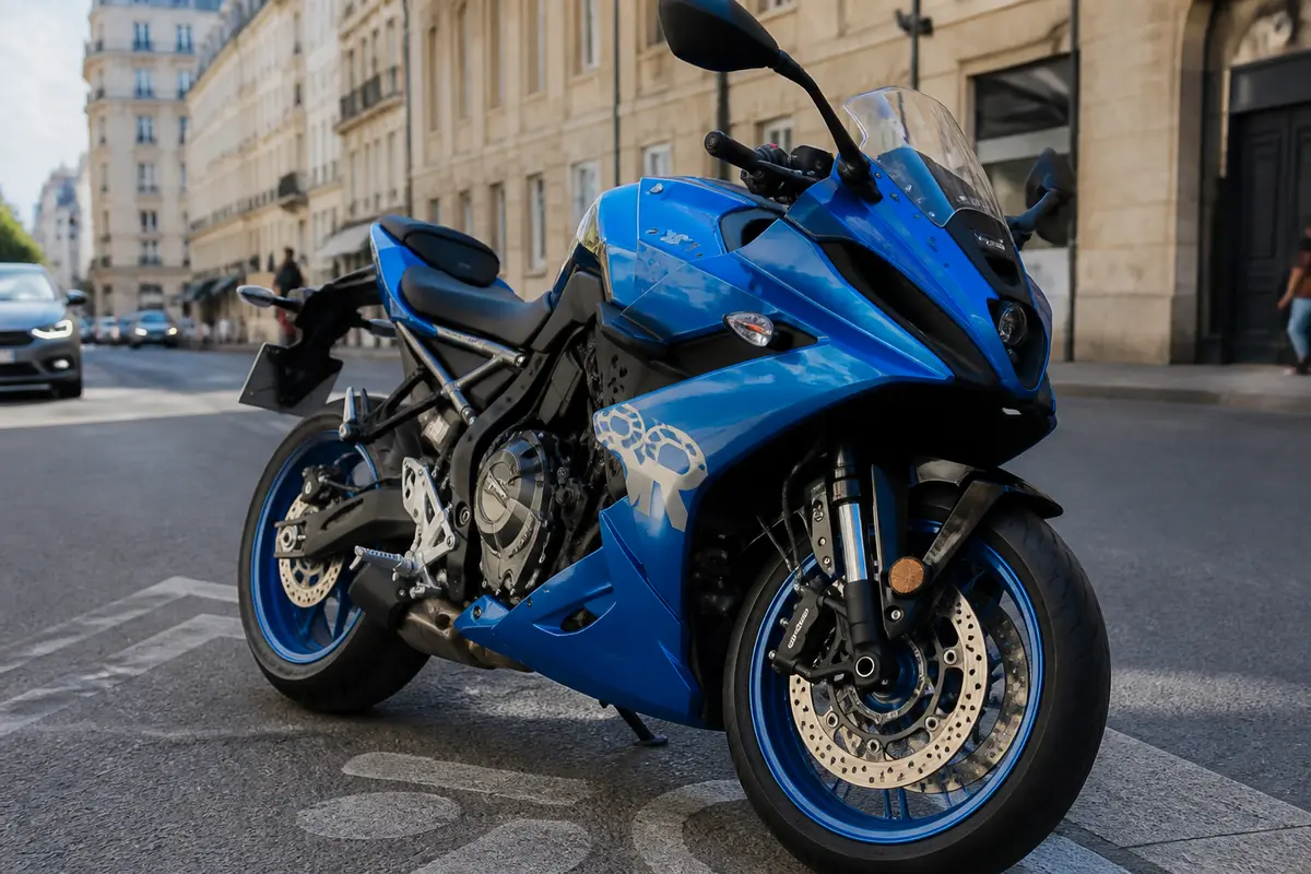 Moto bleue sportive garée en ville, modèle GRSX, avec arrière-plan architectural européen.