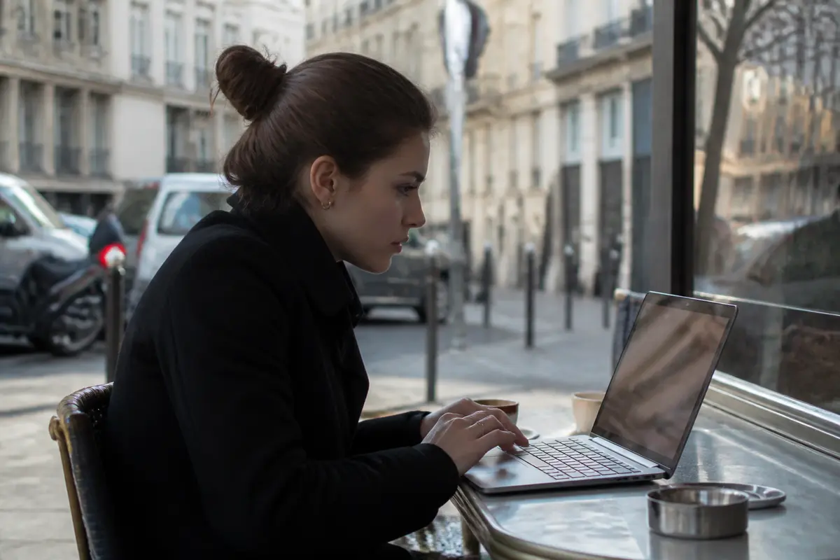 Femme devant ordinateur portable à café réfléchissant : amende en Espagne, faut-il la payer