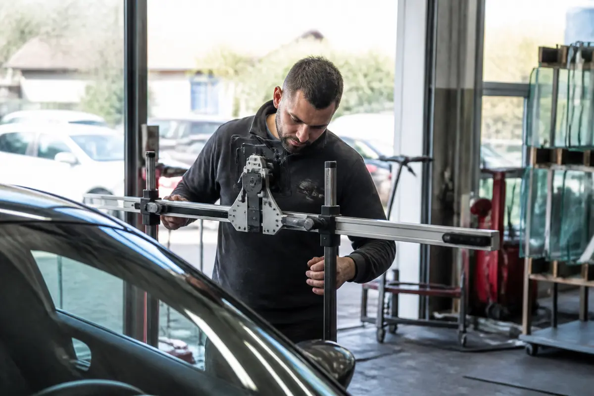 Technicien ajustant un pare-brise avec les technologies d'Autoglass France