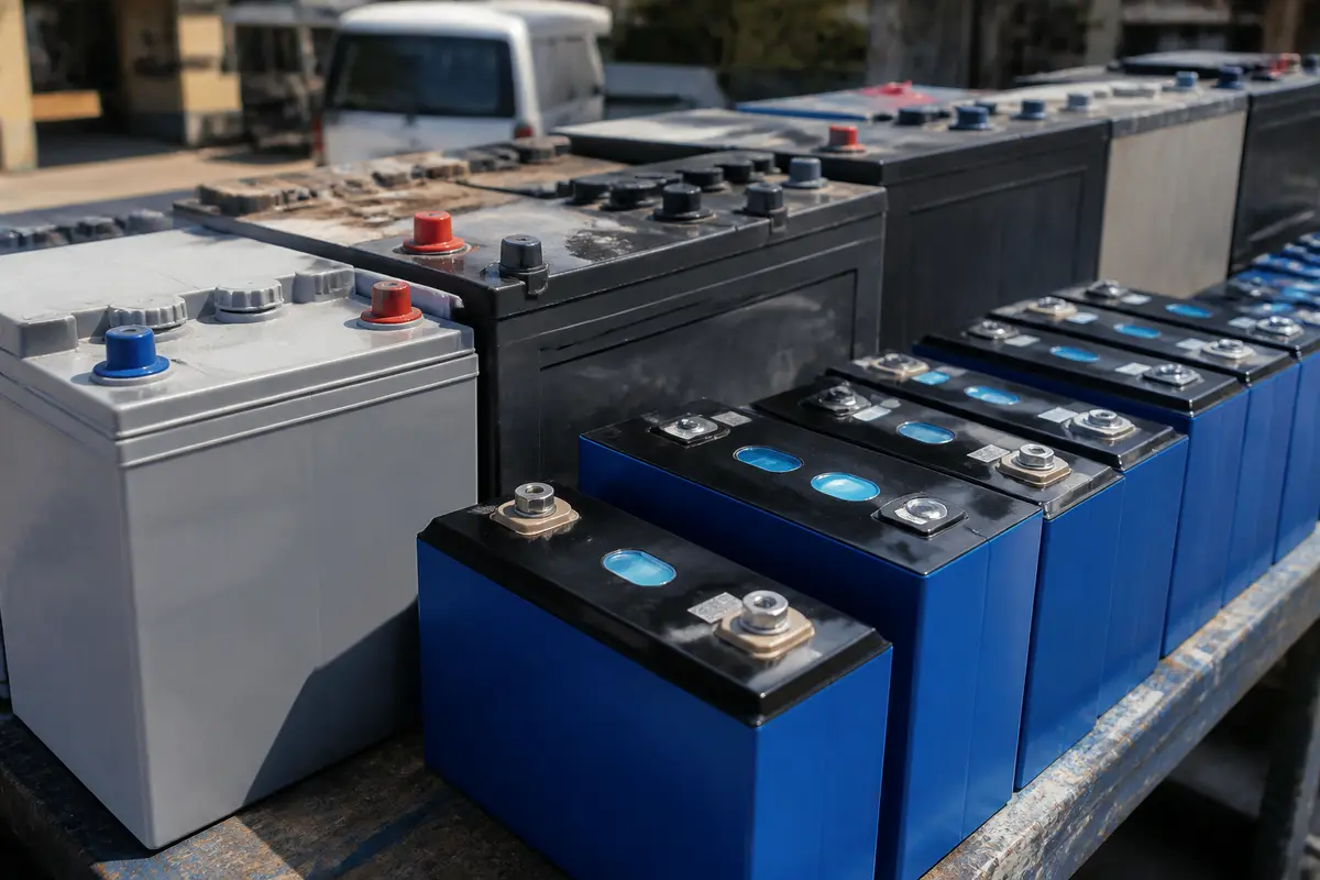 Batteries industrielles alignées sur étagère en extérieur, illustrant le prix au kilo.