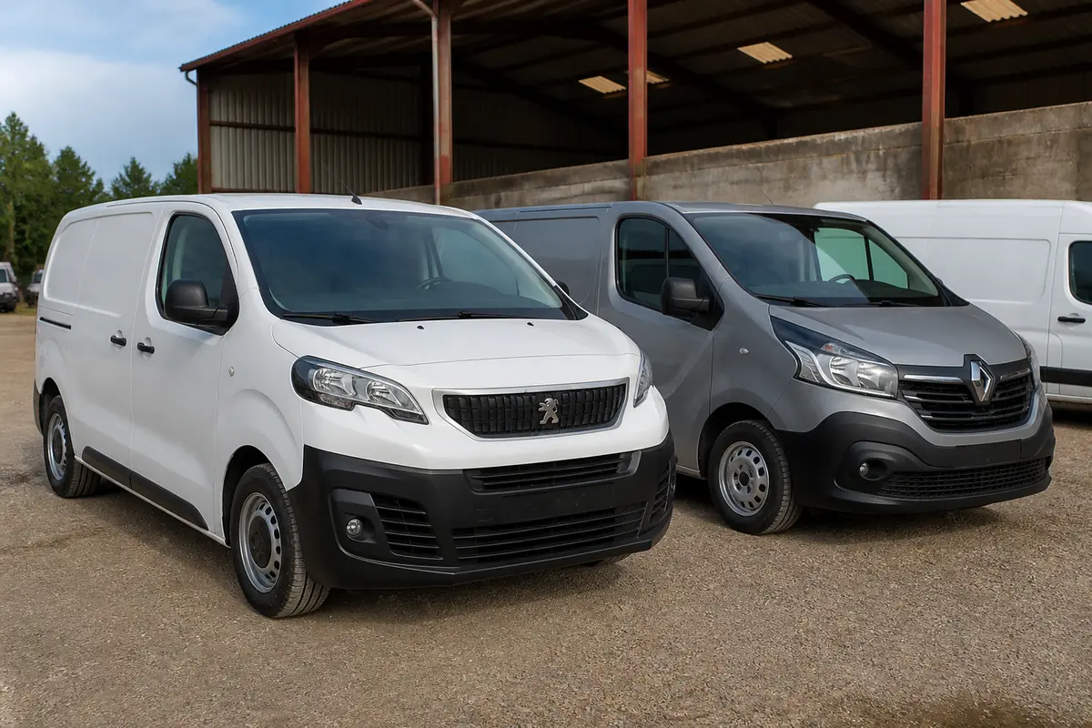 Vans Peugeot et Renault stationnés, parfaits pour les utilitaires d'occasion professionnels et pratiques